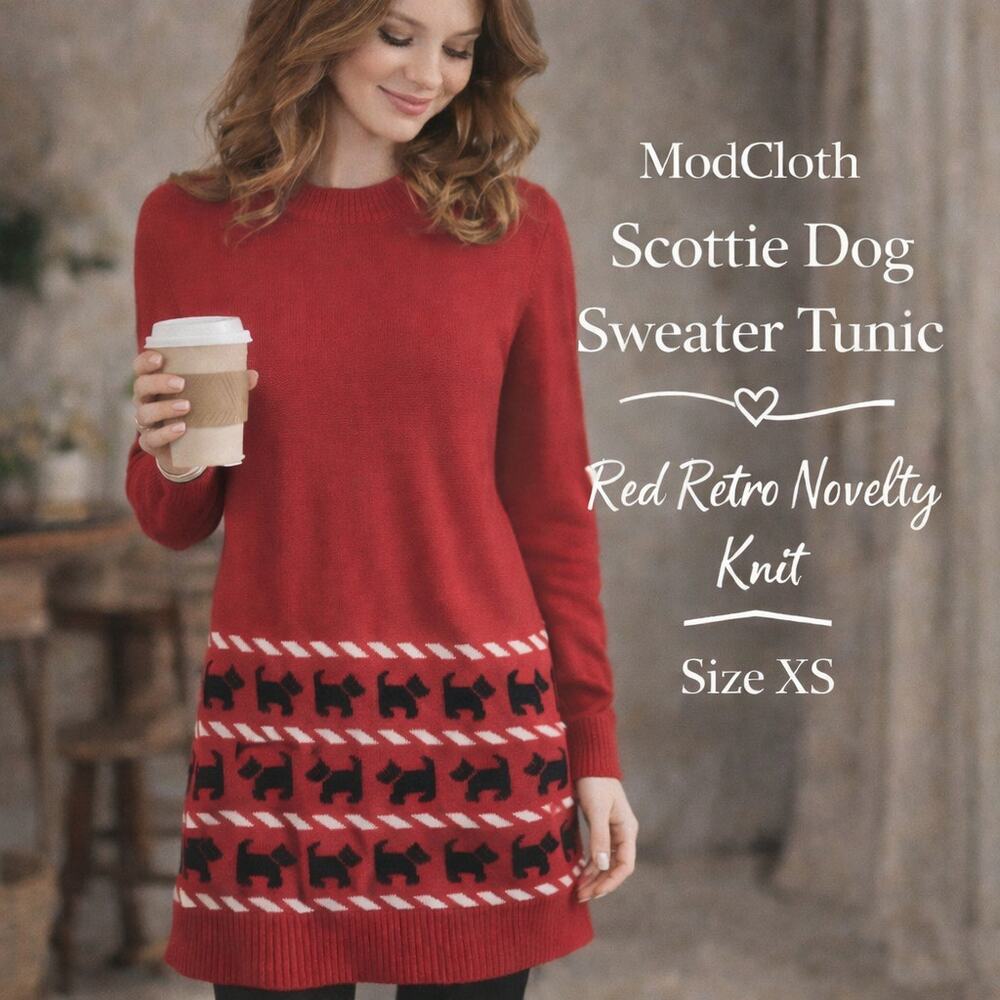 ModCloth Scottie Dog Sweater Tunic Red Retro Novelty Knit XS